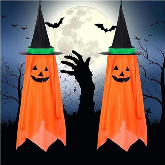 2 Pack Halloween Decorations, Pumpkin Wizard Hat Pre-Installed Pumpkin Ghosts - Picture 1 of 8